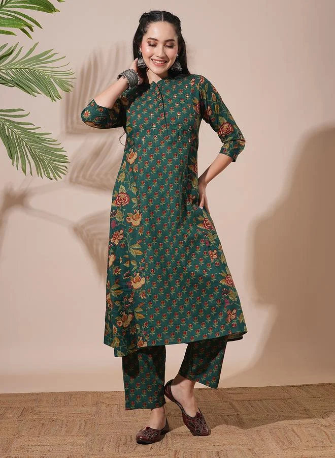Globus  Women Green Floral Print Mandarin Neck Kurta with Pant Set for Women | Best Price UAE